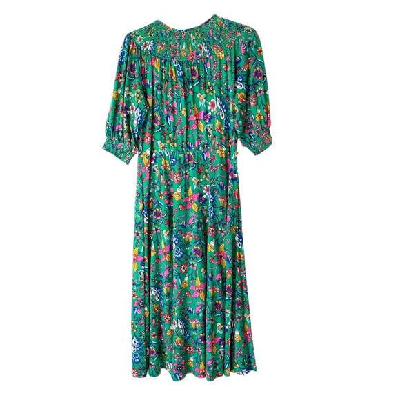 Boden Smocked Neck Jersey Midi Dress Highland Green Floral size 8 No Belt - Picture 10 of 13